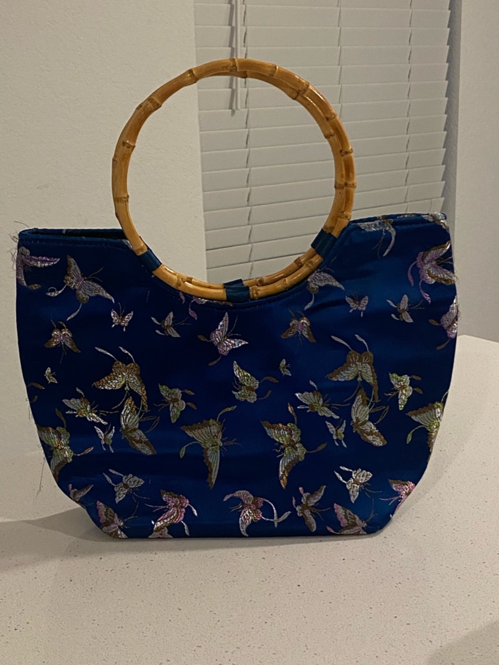 Blue Silk-Style Bamboo Handle Tote Bag